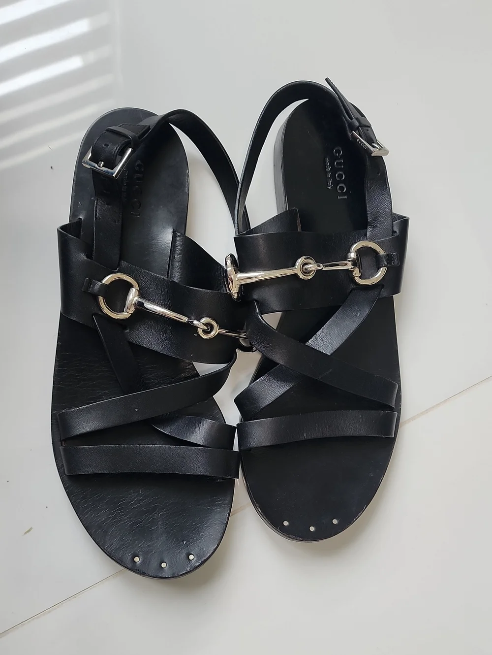 GUCCI Juliette Black Leather Horsebit Sandals